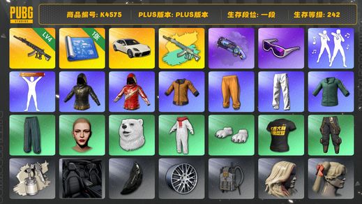 绝地求生（PUBG）[K4575]1段242级 信誉4 4级妖魔+异色 帕拉梅拉 1图纸 黄东 绿东 萨芬裤 白熊 