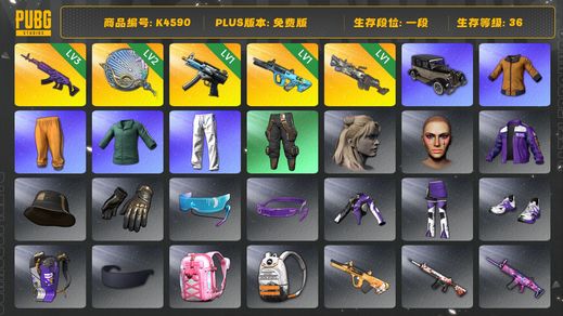 绝地求生（PUBG）[K4590]1段36级 信誉2 3级美杜莎 2级塞壬 1级寒蚀 1级权志龙 1级m249 