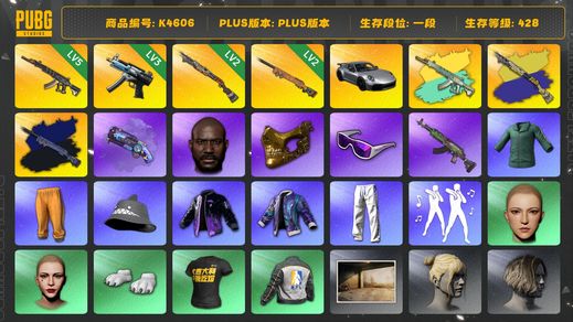 绝地求生（PUBG）[K4606]1段428级 信誉2 5级妖魔+异色 3级寒蚀 2级烈日喷+异色 2级夜曲+异色 烟枪 保时捷911 小绿东 白熊脚 丸子头 黑鬼 金面 滑雪镜