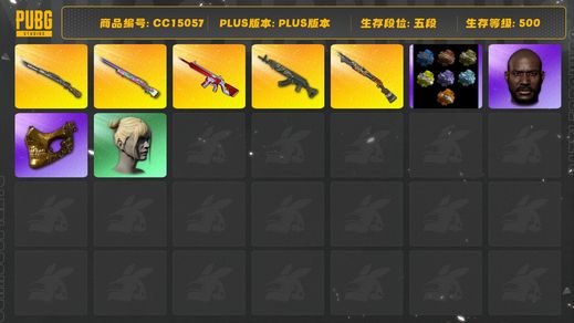 绝地求生（PUBG）[CC15057]CC15057/可排位/5段/500级/烟枪/10级青龙/8级彩虹M24/3级无信号M4/2级烈日s1897/1级猛虎98k/烈日s1897异色/白战神/拉风龙套装/粉战神/圣诞套装/滑雪帽/金面/黑鬼/丸子头/白熊/青海摇