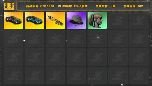 绝地求生（PUBG）[CC15056]CC15056/可排位/1段/102级/2张图纸/2阿斯顿马丁跑车/2级小兔MK12/双马尾/渔夫帽