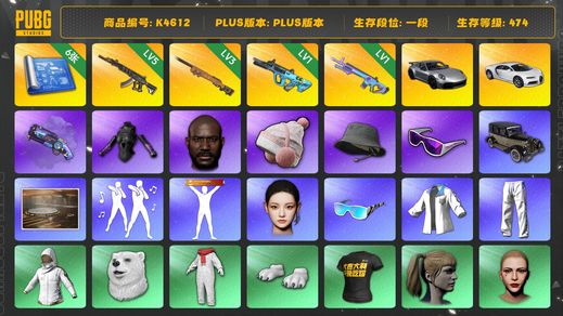 绝地求生（PUBG）[K4612]1段474级 信誉3 5级妖魔 3级夜曲 1级魔咒 1级权志龙 烟枪 6图纸 布加迪 911 黑鬼 滑雪镜 ningning 