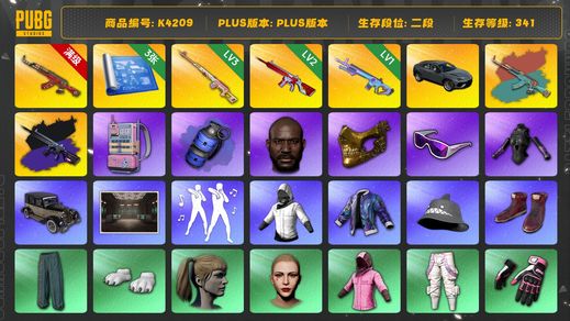 绝地求生（PUBG）[K4209 ]2段341级 信誉4 6级ak+异色 3级德拉贡 2级无信号+异色 1级魔咒 3图纸 烟弹 黑鬼 滑雪镜 金面 拉风龙套 兰博suv