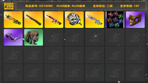 绝地求生（PUBG）[CC15083]CC15083/可排位/2段/107级/2张图纸/烟雾弹/3级无信号M4/2级小兔MK12/2级魔咒MK12/2级孙悟空M24/2级白虎锅/星魂套装/拉风龙套装/pigff套装/滑雪镜/金面/双马尾/青海摇