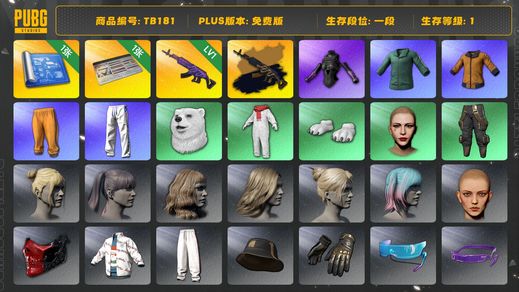 绝地求生（PUBG）[TB181]1段1级（免费版）黄东 美杜莎762 发光手臂 丸子头 小绿东 星魂虎虎生威大礼包 拉风龙套装 小叮当套装