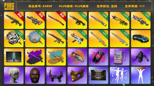 绝地求生（PUBG）[K4650]5段111级 信誉1 10级青龙+异色 10级爆裂 10级午夜+异色 5级猪八戒 4级彩虹 3级小兔 2级刻耳柏洛斯 2级白虎锅 2级塞壬 1级妖魔 1级无重力 1级德拉贡 1级玩偶 烟枪烟弹 马丁 电磁包 白战神 拉风龙 黄东 绿东 萨芬裤 发光手 白熊脚 爱的主打歌 尼尔大礼包 丸子头 小马尾 黑鬼 牛角 金面