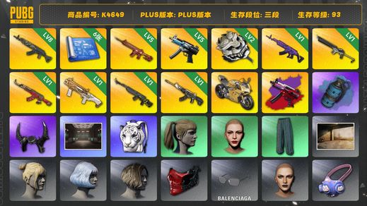 绝地求生（PUBG）[K4649]3段93级 信誉0 8级青龙 5级朱雀 5级寒蚀+异色 2级白虎锅 1级美杜莎 1级沙悟净 1级圣诞ak 1级DBS 1级玄武 1级恶魔 烟弹 杜卡迪 白虎包 萨芬裤 丸子头 小马尾 牛角