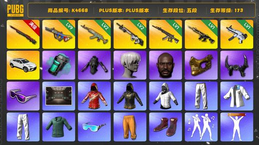 绝地求生（PUBG）[K4668]5段173级 信誉4 10级悟空 9级爆裂 2级水麒麟 2级赛博 1级妖魔 1级猪八戒 1级无重力 烟弹 兰博SUV 白战神 悲喜 拉风龙 绿东 发光手 白熊脚 尼尔9s 小马尾 丸子头 黑鬼 金面 牛角 滑雪镜