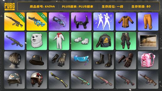 绝地求生（PUBG）[K4344]1段80级 信誉2 5级妖魔 1级权志龙 烟枪 白熊 黄东 