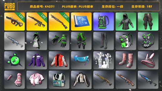 绝地求生（PUBG）[K4231]1段187级 信誉2  2级牛头 2级妖魔 1级s1897 3图纸 pigff套装