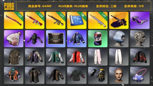 绝地求生（PUBG）[K4367]2段173级  信誉3  5级午夜  4级无信号+异色  2级妖魔  1级玩偶  滑雪镜  滑雪帽  发光手