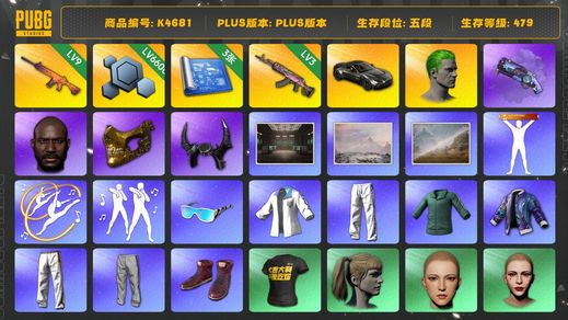 绝地求生（PUBG）[K4681]5段479级 信誉3 9级南瓜 3级火麒麟 马丁跑车 烟枪 3图纸  星魂套 丑男 金面 牛角 黑鬼 