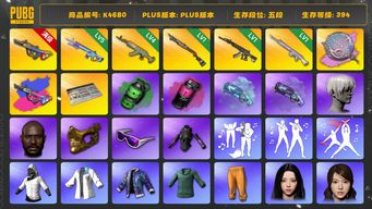 绝地求生（PUBG）[K4680]五段394级  信誉4  10级爆裂+异色  5级魔咒  4级水麒麟  1级烈日  1级妖魔  1级玩偶  塞壬异色  改名卡  烟枪烟弹  白战神  9s  女团karin  女团hyein  小马尾  丸子头  黑鬼  金面  滑雪镜  
