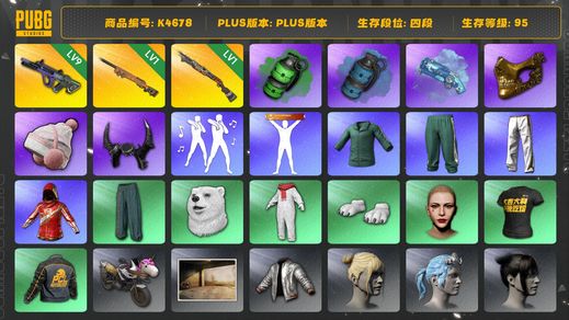 绝地求生（PUBG）[K4678]四段95级  信誉1  9级霓虹  1级夜曲  1级烈日  烟枪烟弹  绿东  丸子头  萨芬裤  金面  牛角  白熊脚