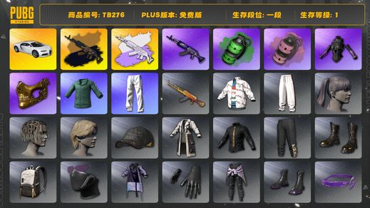 绝地求生（PUBG）[TB276]1段1级（免费版）布加迪威龙,美杜莎灰色配紫色,美杜莎金属深灰,美杜莎762异色,布加迪普通跑车,金面,翡翠色烟雾弹,发光手臂,烟雾弹,粉色烟雾弹,小绿东,星魂虎虎生威大礼包