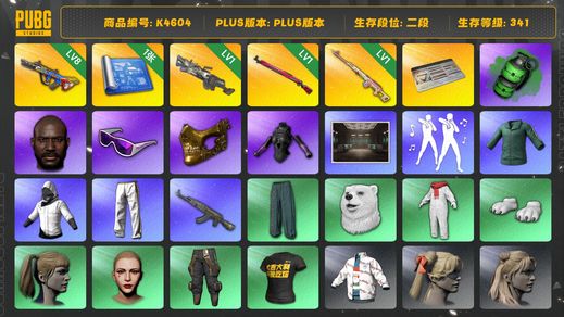 绝地求生（PUBG）[K4604]2段341级 信誉2 8级爆裂 1级大菠萝 1级德拉贡 1级午夜 烟弹   黑鬼 金面 滑雪镜 改名卡 1图纸 发光手