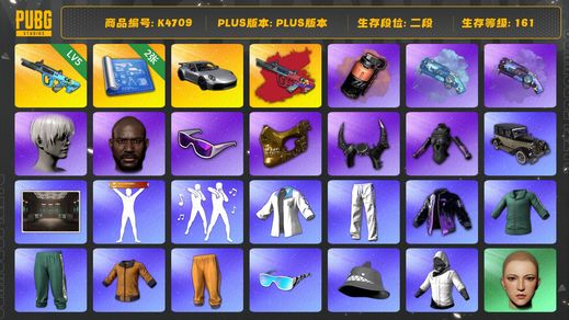 绝地求生（PUBG）[K4709]2段161级 信誉3 5级权志龙aug+异色 烟弹烟枪 2图纸 9s黑鬼 金面 滑雪镜 牛角 保时捷911