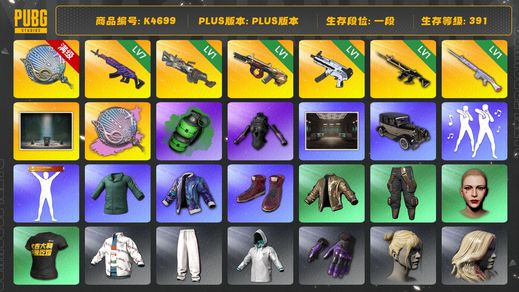 绝地求生（PUBG）[K4699]一段391级  信誉3  7级美杜莎  3级塞壬+异色  1级大菠萝  1级牛头  1级无重力  1级猪八戒  1级玩偶  烟弹   绿东  丸子头 拉风龙  胜密室