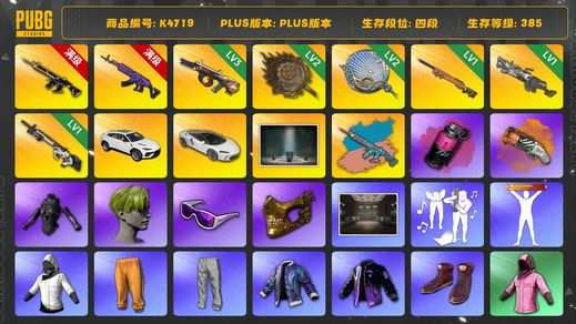 绝地求生（PUBG）[K4719]四段385级  信誉1  10级美杜莎  10级猪八戒+异色  3级牛头  1级夜曲  1级大菠萝  1级赛博  2级唐三藏  2级塞壬  烟枪烟弹  白战神  悲喜  染血裤  小绿头  丸子头  金面  滑雪镜
