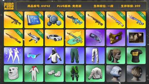 绝地求生（PUBG）[K4742]1段200级（未开通排位） 信誉3 5级妖魔+异色 1级权志龙 1级时光 1级玩偶 1级魔咒 1级时光 1级无重力 烟枪 3图纸 金面 布加迪跑车 