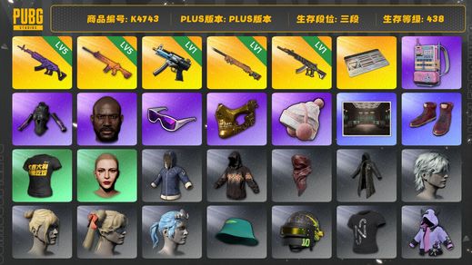 绝地求生（PUBG）[K4743]3段438级 信誉2  5级美杜莎 5级南瓜 1级寒蚀 1级夜曲 1级妖魔  发光手 黑鬼 金面 滑雪镜 改名卡  