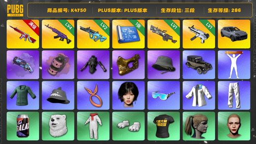 绝地求生（PUBG）[K4750]3段286级 信誉2 10级无信号 4级美杜莎 2级权志龙 1级m249 1级无重力 烟枪烟弹 白熊 金面 丸子头 小马尾 winter 