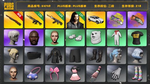 绝地求生（PUBG）[K4749]2段218级 信誉3 10级孙悟空 6级八戒 4级恶魔 1级多利安 烟枪 兰博SUV 尼尔9s 丸子头 黑鬼 白熊脚
