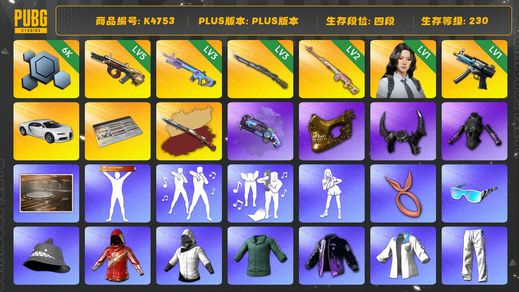 绝地求生（PUBG）[K4753 ]四段230级 信誉三 布加迪 瀚娜 五级牛头 三级魔咒 三级猛虎加异色 二级德拉贡 一级寒蚀 烟枪 金面 牛角 星魂