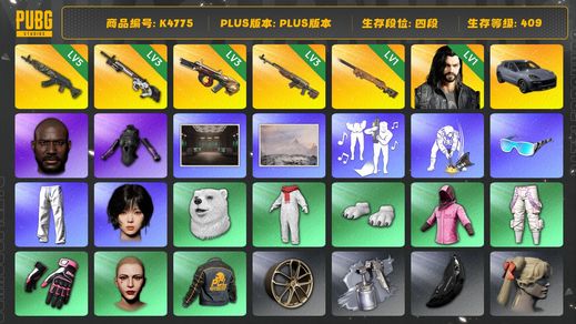 绝地求生（PUBG）[K4775]4段409级 信誉1 5级青龙 3级赛博 3级牛头 3级时光 1级夜曲 1级多利安 保时捷 卡宴  女团冬天 黑鬼 发光手