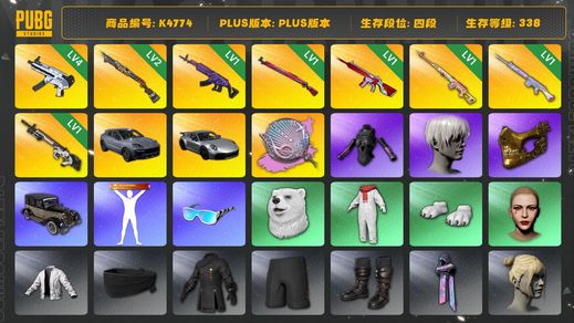 绝地求生（PUBG）[K4774]四段338级  信誉2  4级无重力  2级烈日  1级美杜莎  1级午夜  1级无信号  1级德拉贡  1级玩偶  1级赛博  塞壬异色  卡宴  911  9s  丸子头  金面  白熊脚
