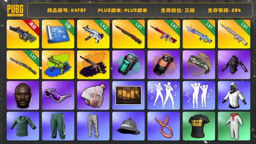 绝地求生（PUBG）[K4787]3段284级 信誉4 10级霓虹 2级无重力+异色 1级孙悟空 1级无信号+异色 1级魔咒 1级玩偶大炮 1级猛虎  5图纸 烟弹烟枪 小绿东 黑鬼 滑雪镜 