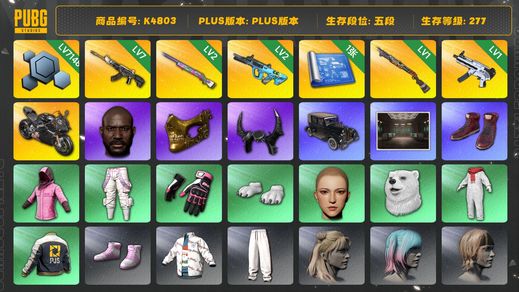 绝地求生（PUBG）[K4803]5段277信誉1 杜卡迪 7级妖魔 2级彩虹 2级权志龙 1级1897 1级无重力 黑鬼 金面 牛角 熊脚