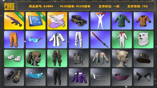 绝地求生（PUBG）[K4864]1段102级 信誉2 4级美杜莎+白异色  1图纸 黄东 白熊