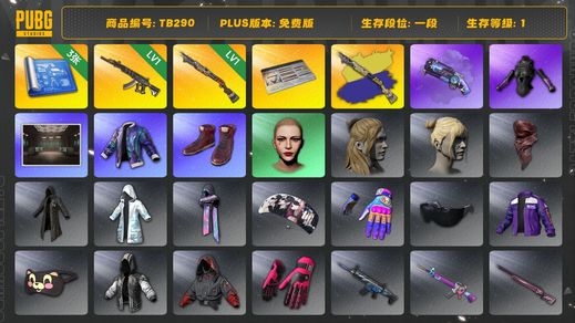 绝地求生（PUBG）[TB290]1段1级（免费版）1级妖魔ACE,1级烈日灼烧S1897,烈日灼烧S1897异色,烟枪,发光手臂,紫色魔法迷雾 - M79,小叮当套装,丸子头