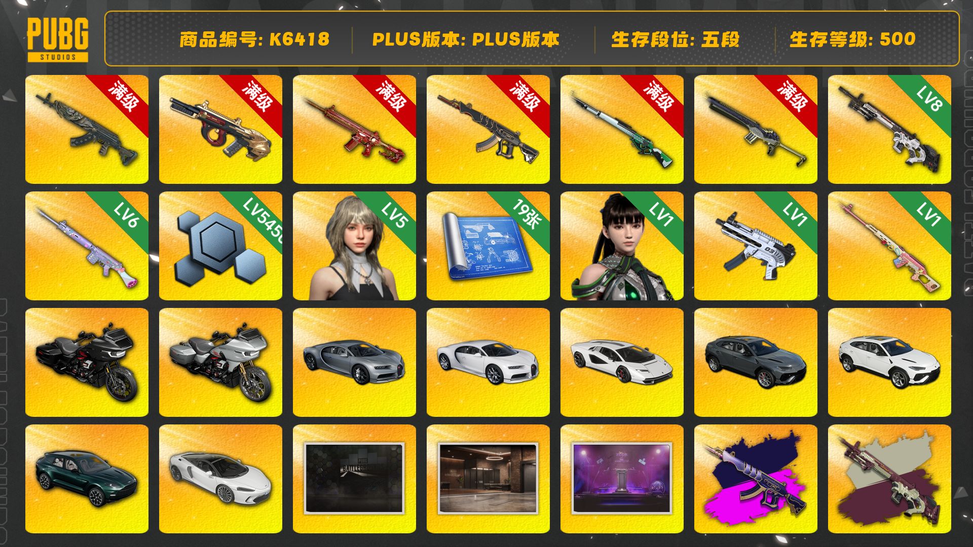 [K6418]5段500级  信誉2  10级妖魔+异色 10级牛头 10级朱雀 10级青龙 10级宇宙 8级赛博+异色 6级沙悟净 6级玩偶大炮  1级无重力 1级德拉贡+异色  19张图纸 烟弹烟枪 5级格拉西亚 1级伊芙 小黑盒手套  金手指   全套三代女团 三兰博 双布加迪 马丁suv  双哈雷 尼尔大礼包 布朗熊大礼包 