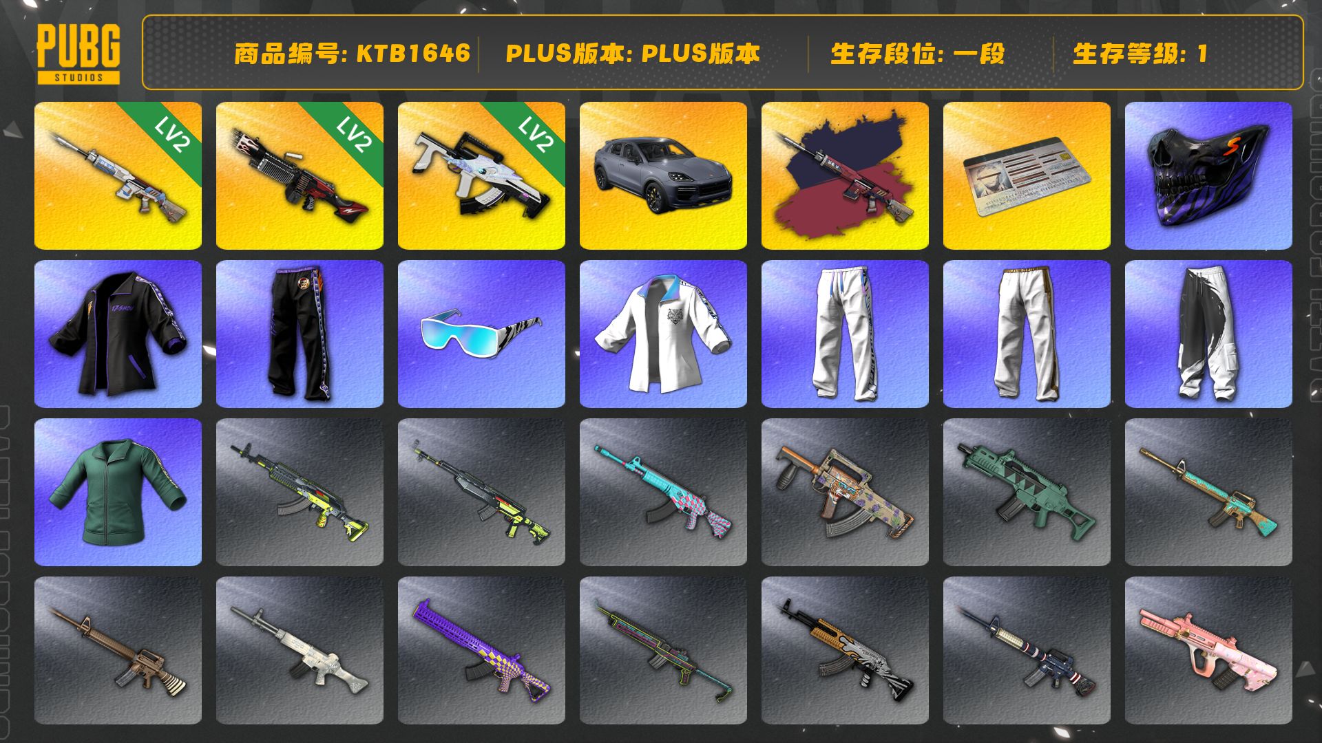 [KTB1646]1段1级 信誉2 2级伪装原型大炮,2级冰域之主Groza,2级生死与共M249,保时捷,保时捷卡宴,伪装原型大炮异色,小绿东,星魂白