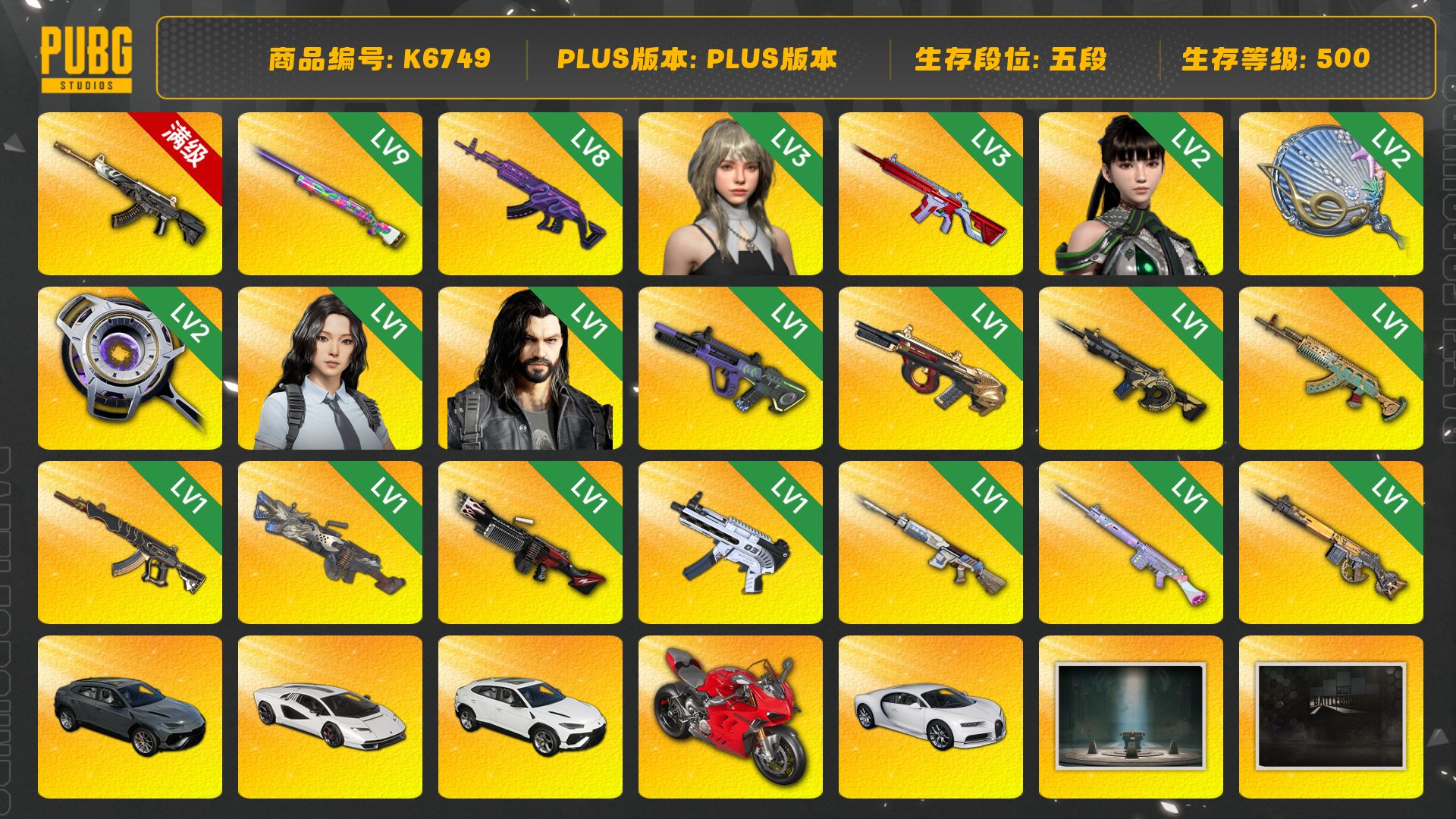 [K6749]5段500级  信誉4  10级恶魔 9级彩虹 8级美杜莎  3级无信号 2级塞壬 2级虚空+异色 1级霓虹 1级牛头+异色 1级时空 1级水麒麟 1级妖魔+异色 1级大菠萝 1级生死 1级无重力 1级伪装 1级玩偶+异色 1级齿轮大炮 1级赛博 1级魔咒 1级圣诞+异色 1级暗影+异色 1级夜曲+异色 1级猛虎 1级awm+异色 1级宇宙 1级狗砸 烟弹烟枪 9s  3级格拉西亚 2级伊芙 1级瀚娜 1级多利安 三兰博 杜卡迪  布加迪跑车  9s